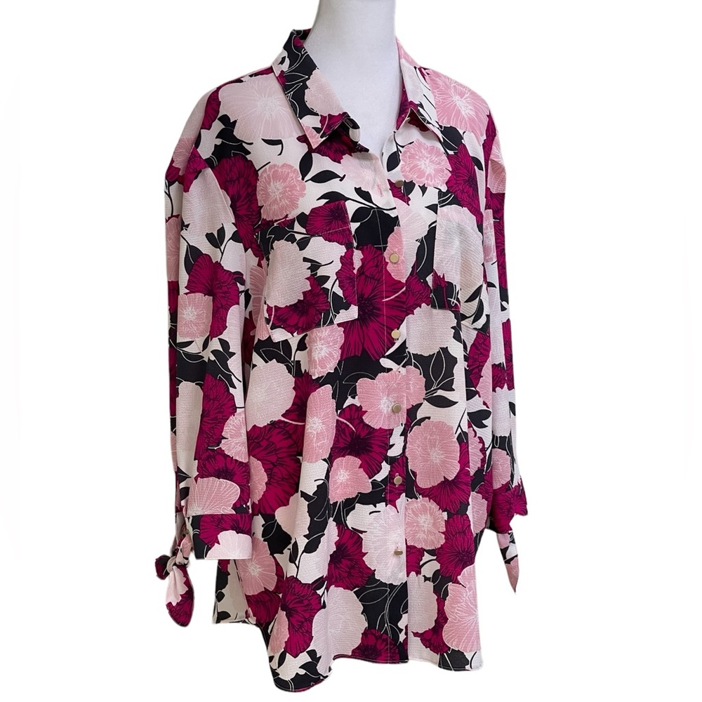 Jones New York Pink Hot Pink Black Floral Button Front Blouse Sz XL Pockets - Picture 2 of 16